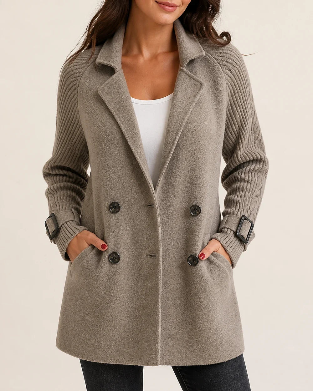 Taupe mid-length coat with knit sleeves worn, product hero.