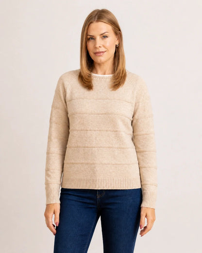 Women's oatmeal textured stripe sweater, straight front view