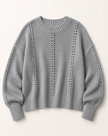 Grey oversized open-knit sweater for women, flat lay