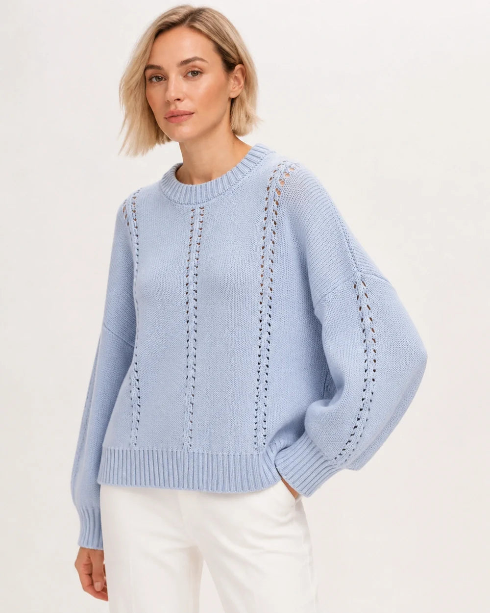 Sky Blue oversized open-knit sweater for women