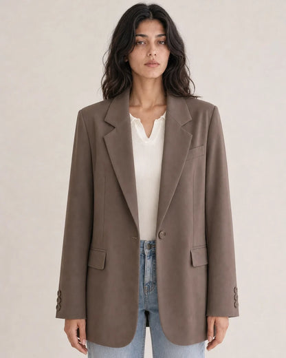 Momount women's oversized coffee brown blazer, straight front view