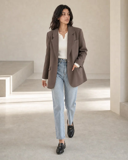 Momount women's oversized coffee brown blazer, walking view