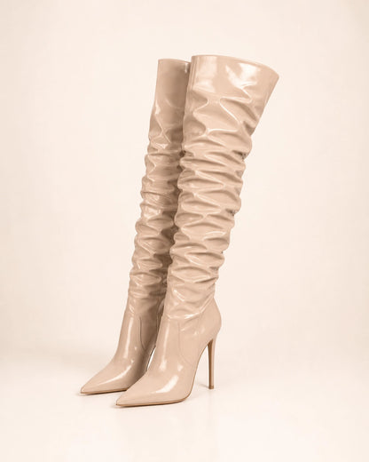Momount Women Patent Slouch Stiletto Boots, apricot, variant hero.