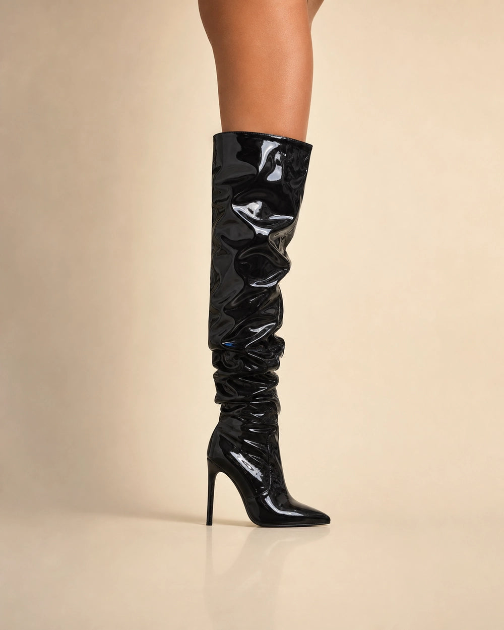 Momount Women Patent Slouch Stiletto Boots, black, lateral profile.