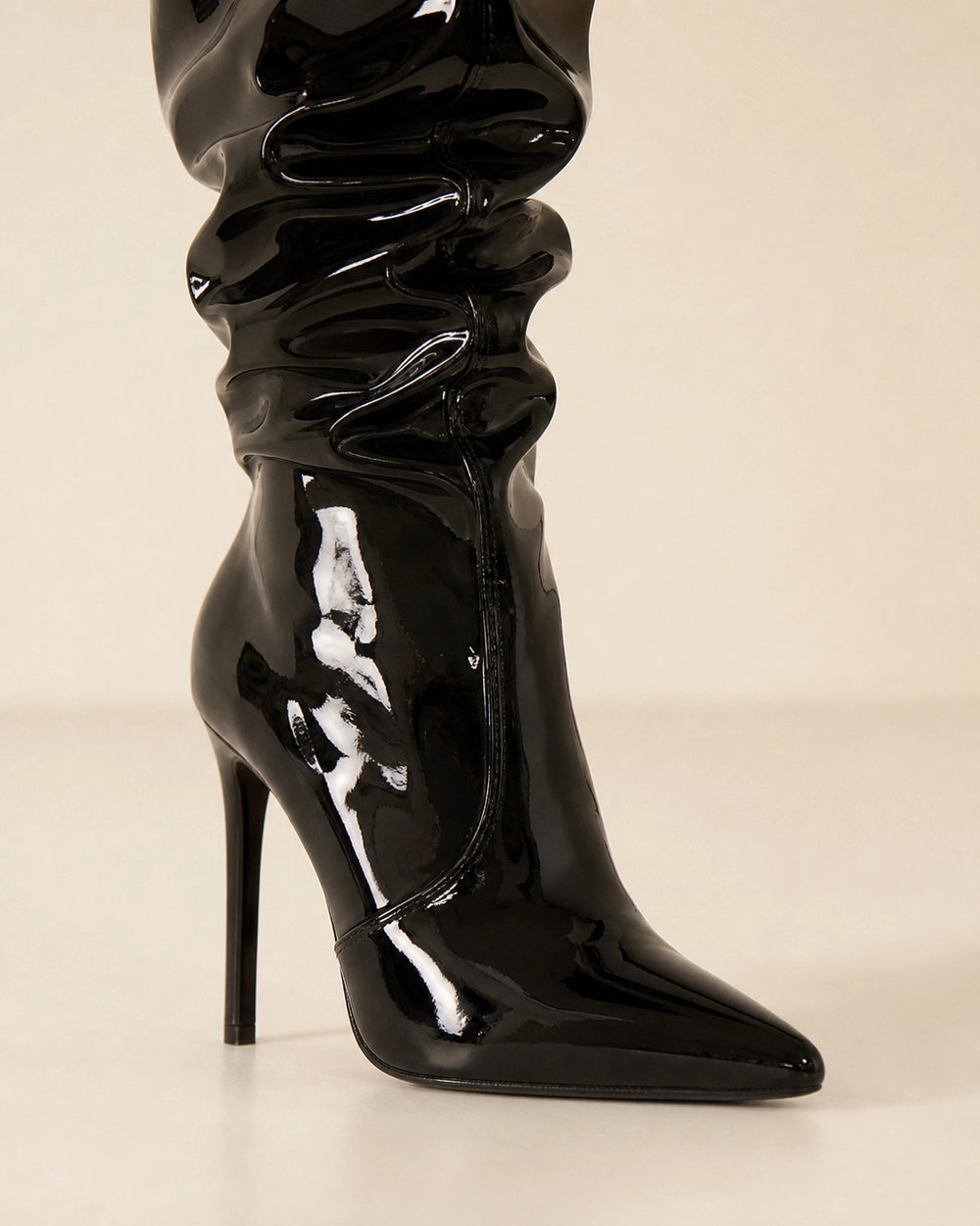 Momount Women Patent Slouch Stiletto Boots, black, construction detail.