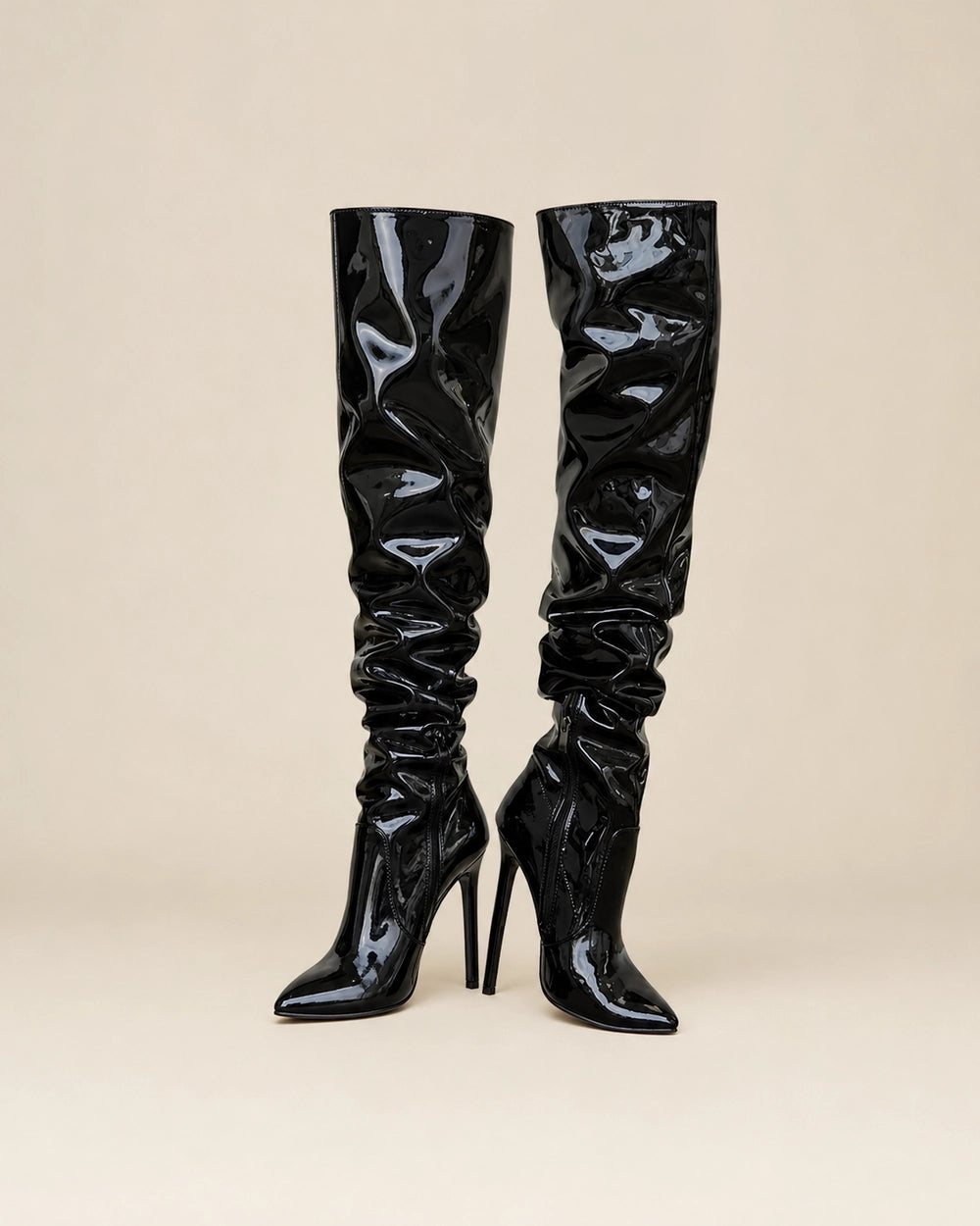 Momount Women Patent Slouch Stiletto Boots, black, product only.