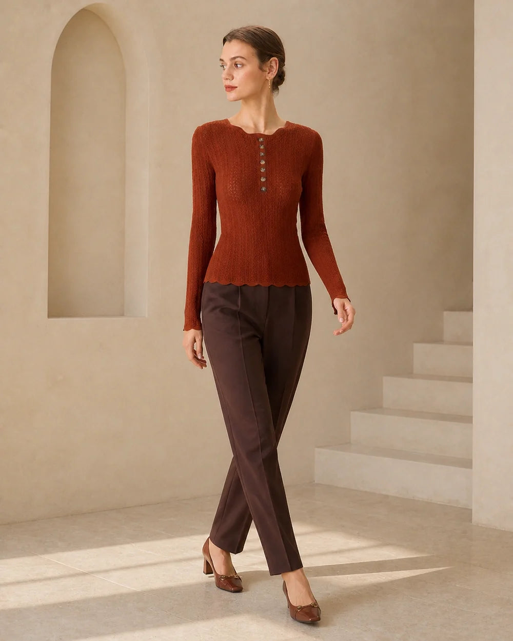 Women's rust fitted button-detail knit top, walking lifestyle view