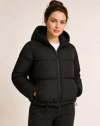 Momount women short hooded puffer jacket black