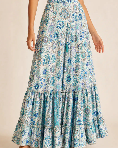 Women’s Blue Floral tiered maxi skirt, front three-quarter product view.