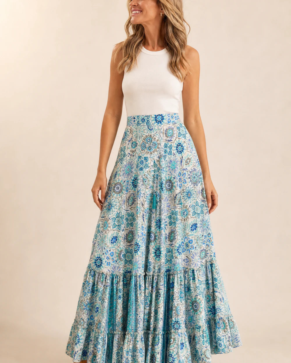 Women’s Blue Floral tiered maxi skirt, full styled silhouette.