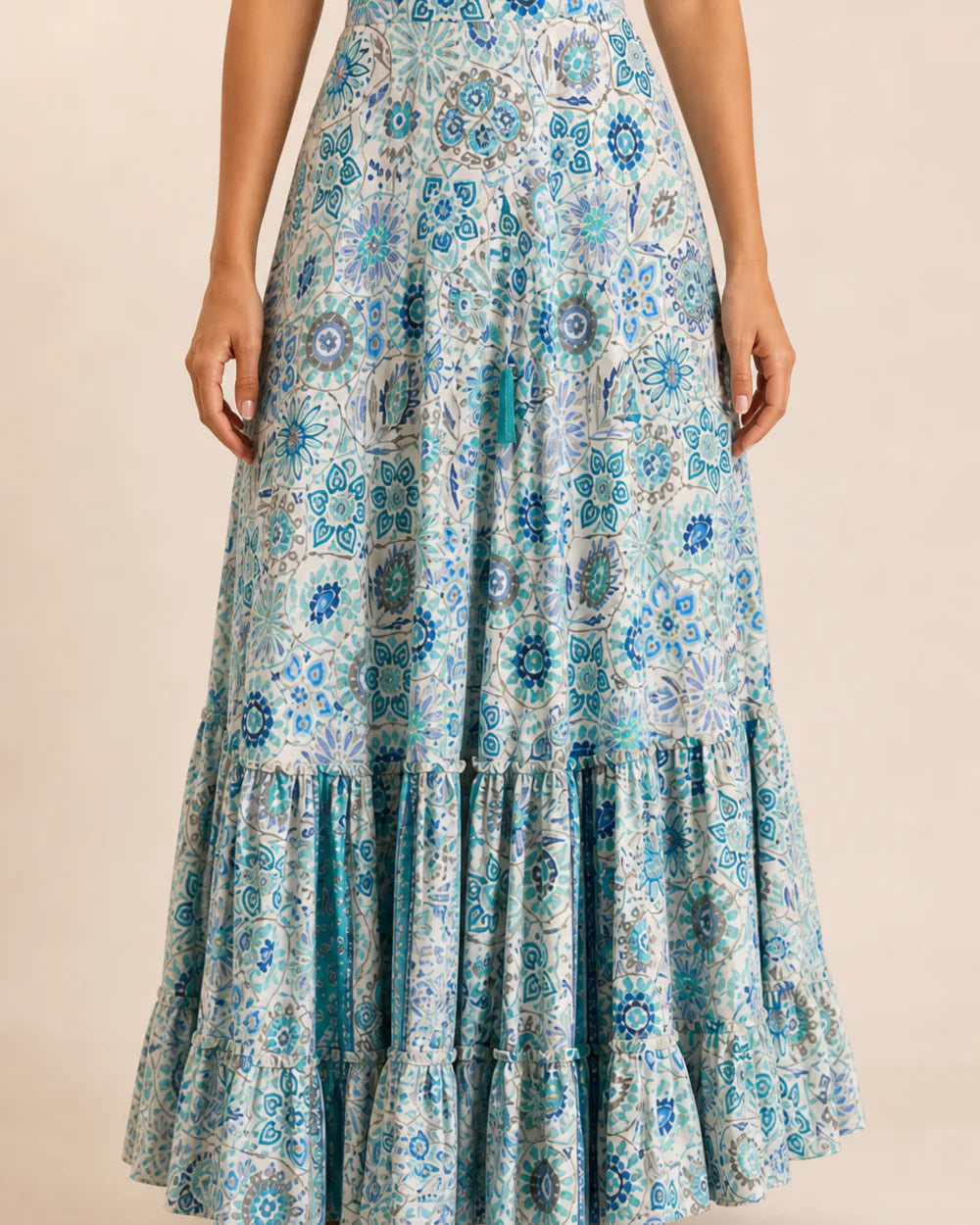 Women’s Blue Floral tiered maxi skirt, straight front fit view.