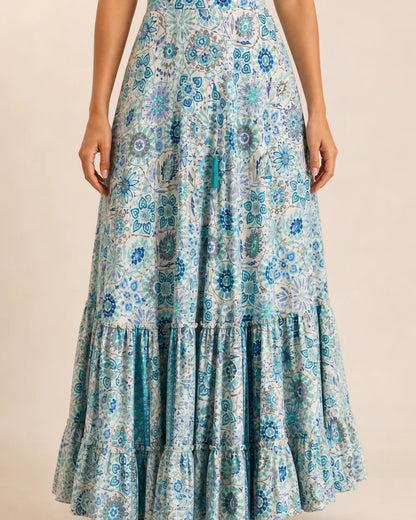 Women’s Blue Floral tiered maxi skirt, straight front fit view.