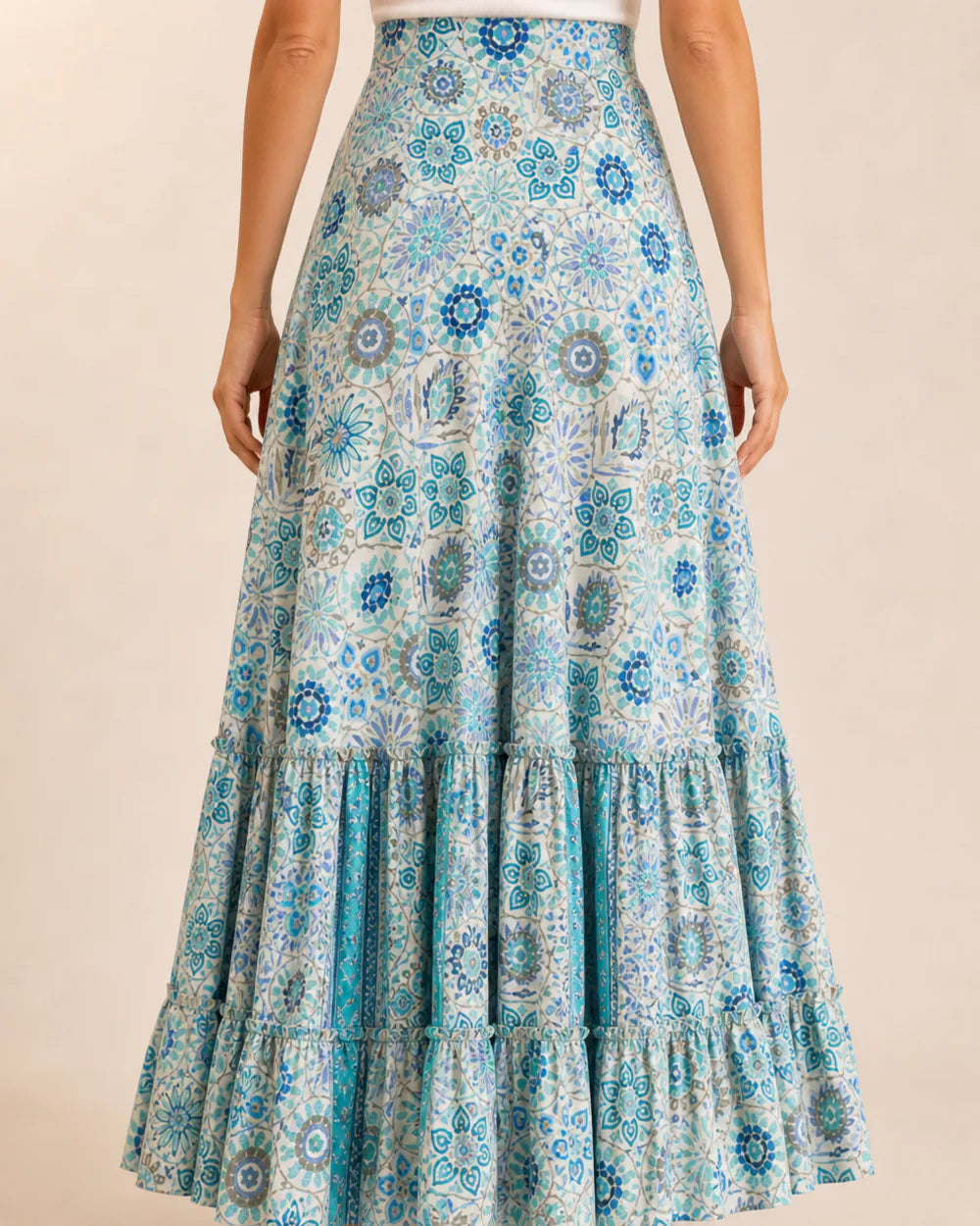 Women’s Blue Floral tiered maxi skirt, true rear view.