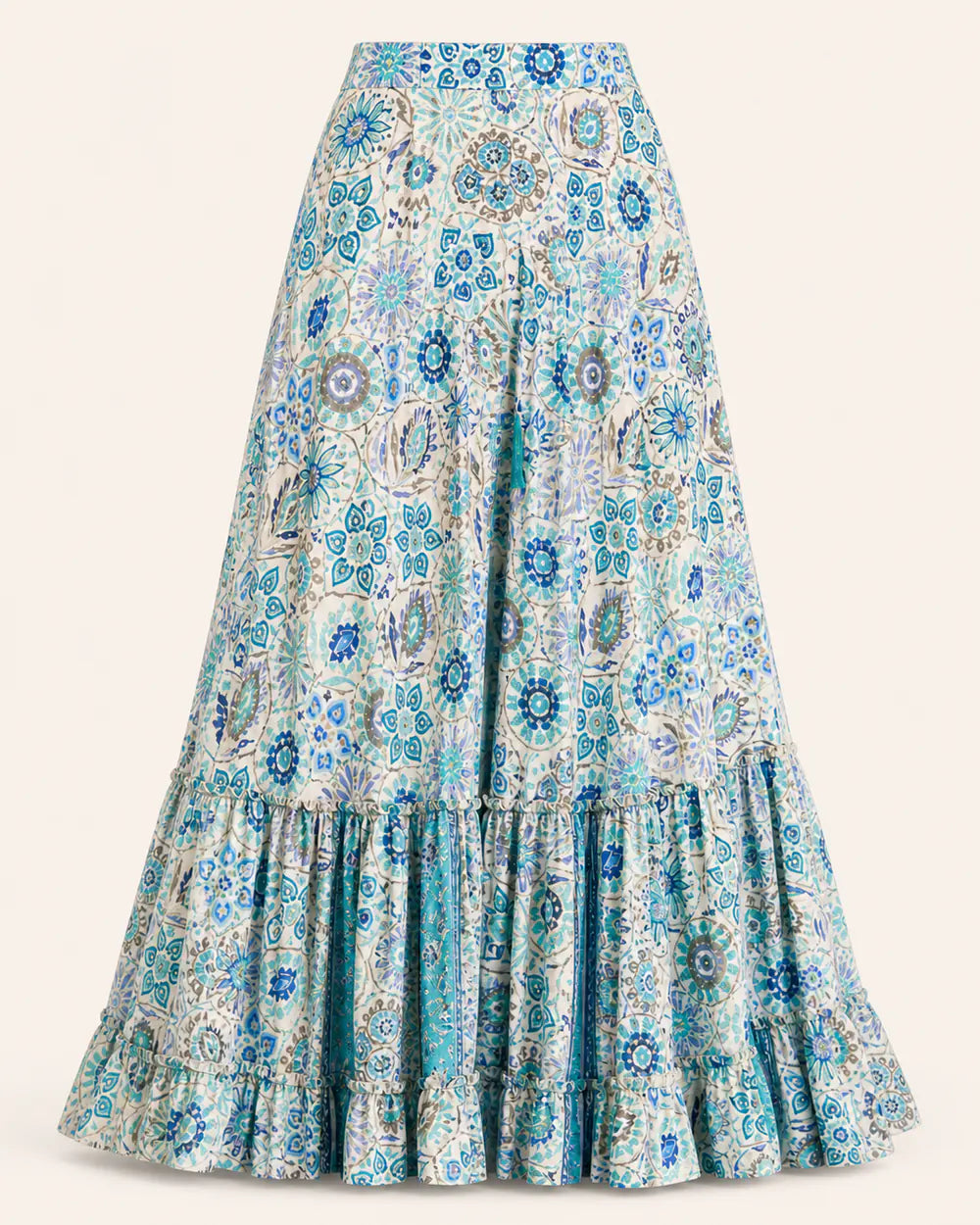 Women’s Blue Floral tiered maxi skirt, product-only front view.