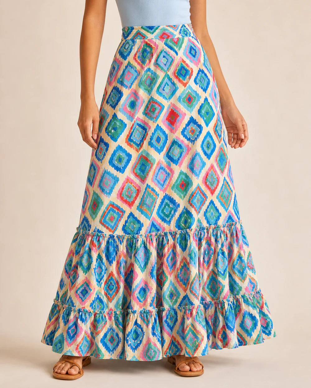 Women’s Diamond Grid tiered maxi skirt, front product view.