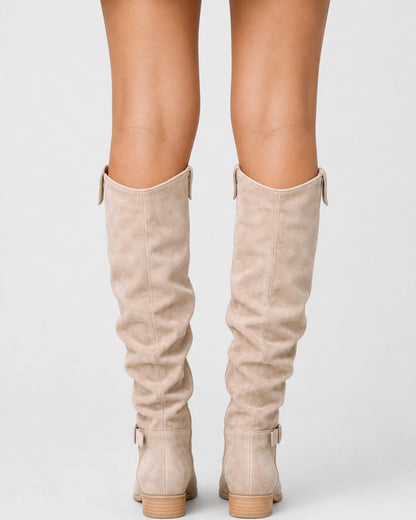 Momount Women Valeria Knee-High Boots – Soft Slouch, Low Block Heel, beige, rear view.