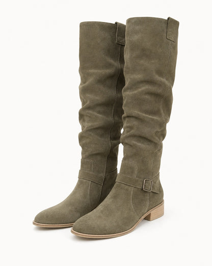 Momount Women Valeria Knee-High Boots – Soft Slouch, Low Block Heel, dark green, variant hero.