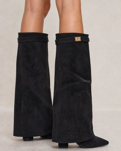 Momount Women Wide-Bell Suede Pointed Boots – Black rear