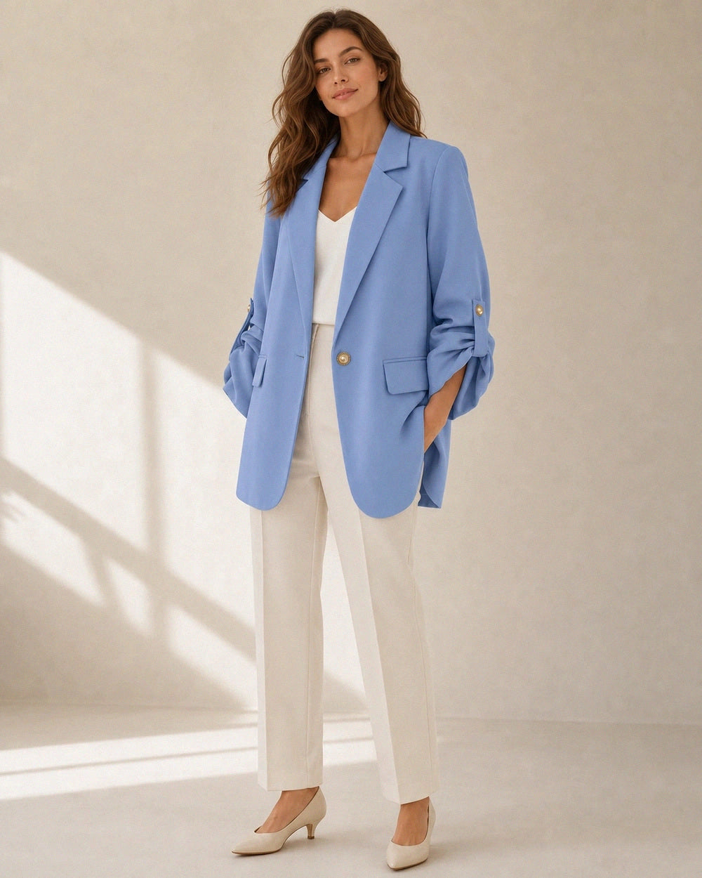 Momount Women's Oversized Blazer – Ruched Sleeves & Gold Buttons — momount-womens-ruched-sleeve-blazer-blue-02-silhouette.webp