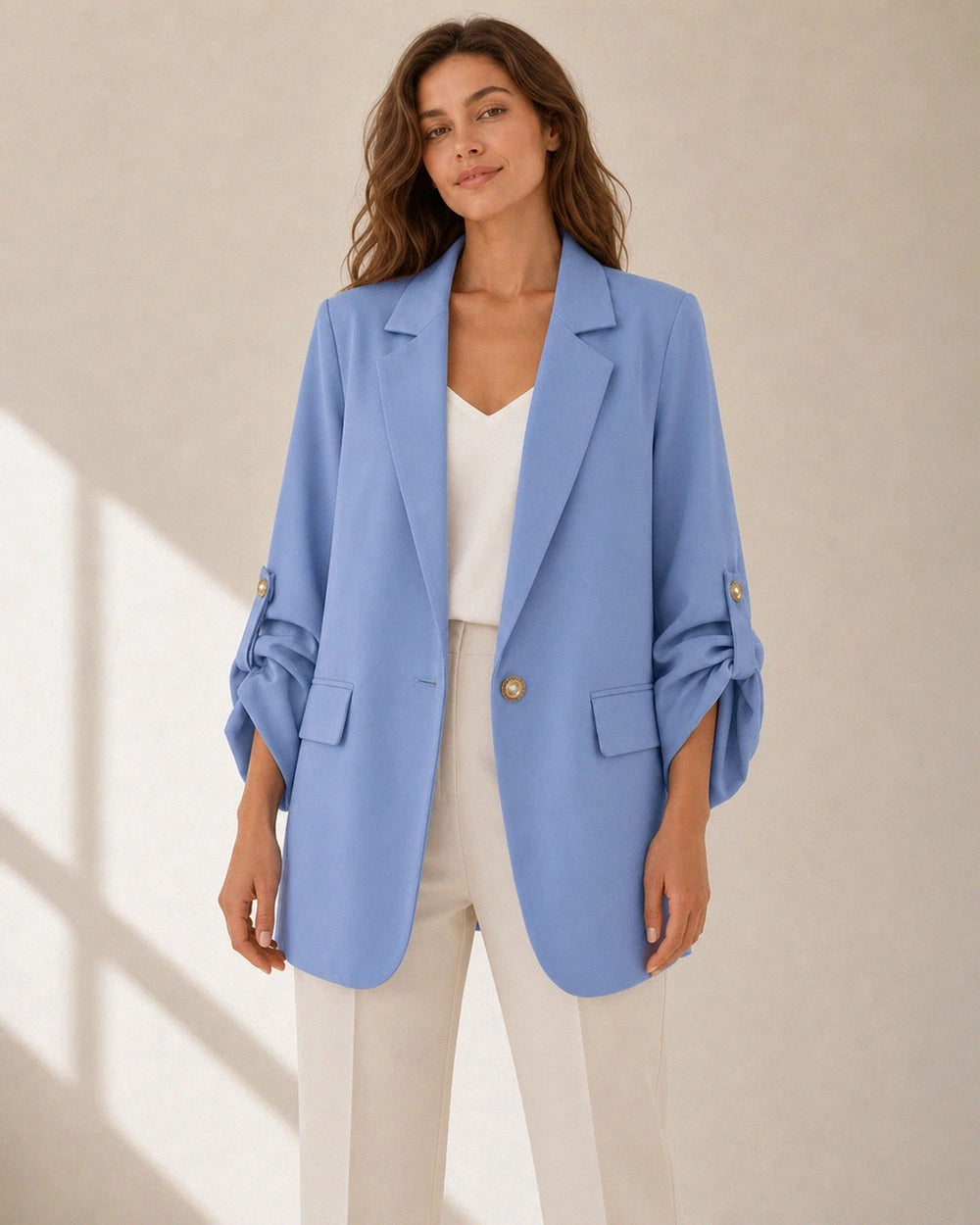 Momount Women's Oversized Blazer – Ruched Sleeves & Gold Buttons — momount-womens-ruched-sleeve-blazer-blue-03-front-fit.webp