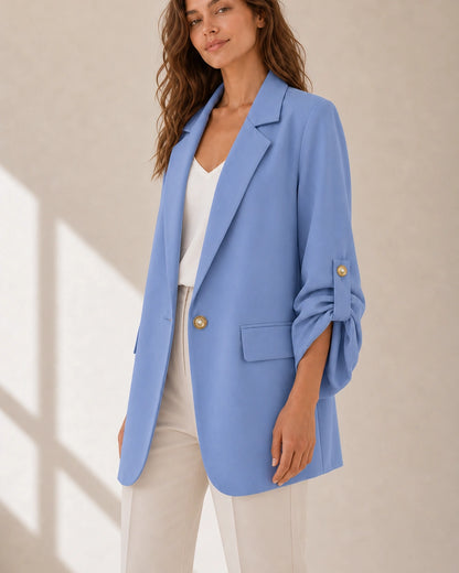 Momount Women's Oversized Blazer – Ruched Sleeves & Gold Buttons — momount-womens-ruched-sleeve-blazer-blue-04-side-front.webp