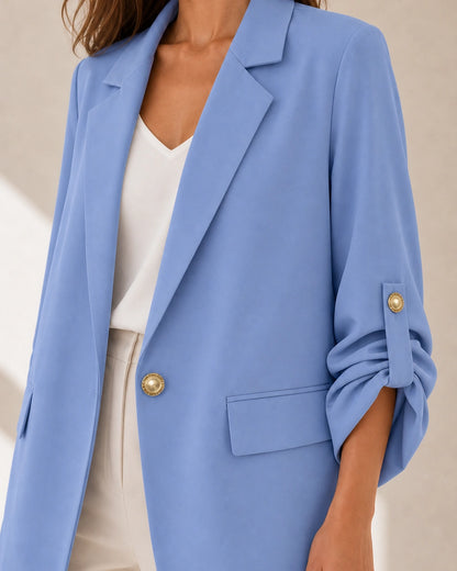 Momount Women's Oversized Blazer – Ruched Sleeves & Gold Buttons — momount-womens-ruched-sleeve-blazer-blue-05-detail.webp