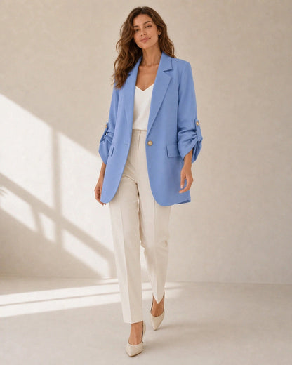 Momount Women's Oversized Blazer – Ruched Sleeves & Gold Buttons — momount-womens-ruched-sleeve-blazer-blue-06-movement.webp