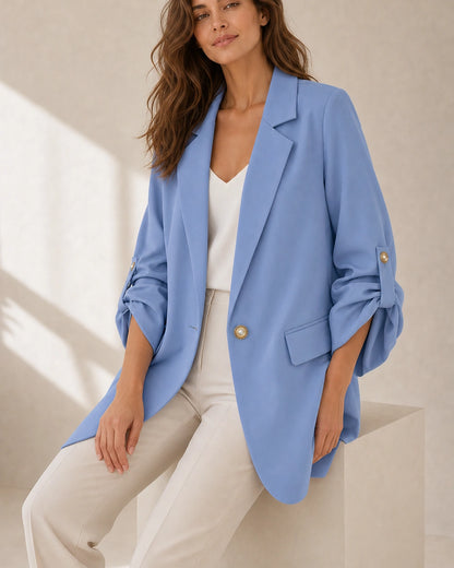 Momount Women's Oversized Blazer – Ruched Sleeves & Gold Buttons — momount-womens-ruched-sleeve-blazer-blue-07-second-styling.webp