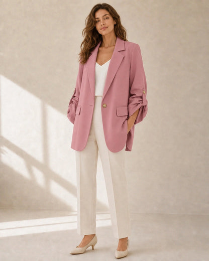 Momount Women's Oversized Blazer – Ruched Sleeves & Gold Buttons — momount-womens-ruched-sleeve-blazer-pink-10-silhouette.webp