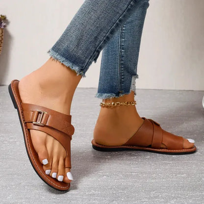 Momount Women Flat Sandals – Black Leather Toe-Ring Buckle Slide