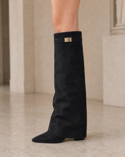 Women's black suede-effect wedge boot, pointed toe and gold-clasp detail.