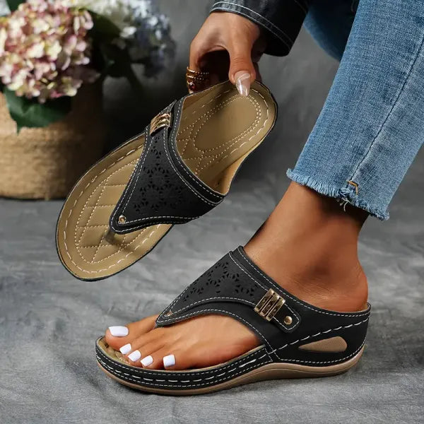 Momount Women Orthopedic Wedge Sandals – Black Laser-Cut Thong Summer