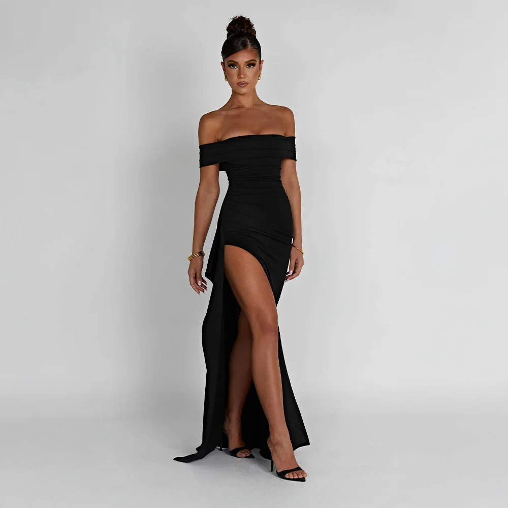 Daniela | Elegant Off Shoulder Ruched High Slit Evening Maxi Dress