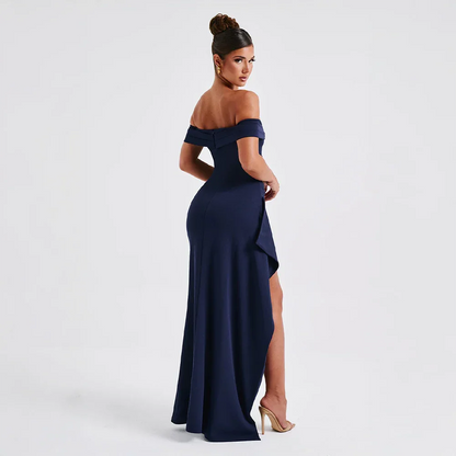 Daniela | Elegant Off Shoulder Ruched High Slit Evening Maxi Dress
