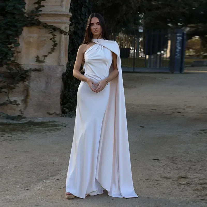 Ottavia | Draped Satin One Shoulder Caped Evening Maxi Dress