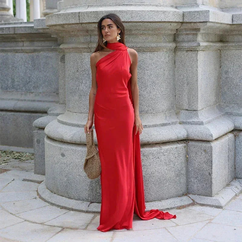 Ottavia | Draped Satin One Shoulder Caped Evening Maxi Dress