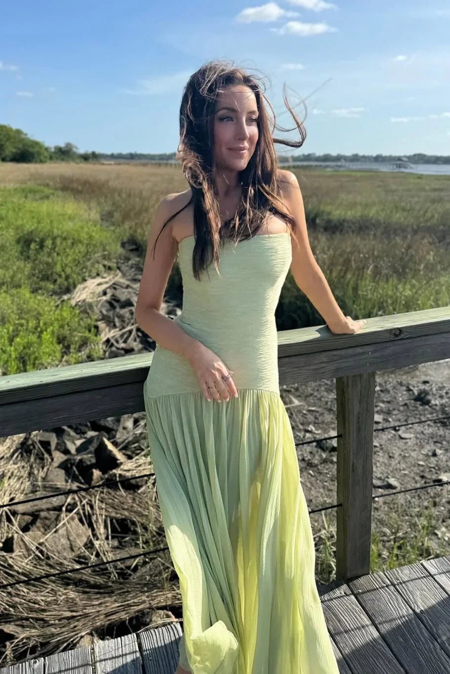Emiliana | Pleated Satin Slit Strappy Evening Flowy Maxi Dress