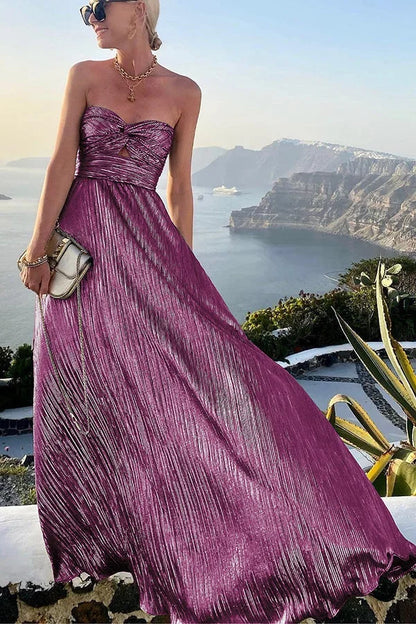 Theodora | Glam Shimmer Pleated Strapless Twist Evening Maxi Dress