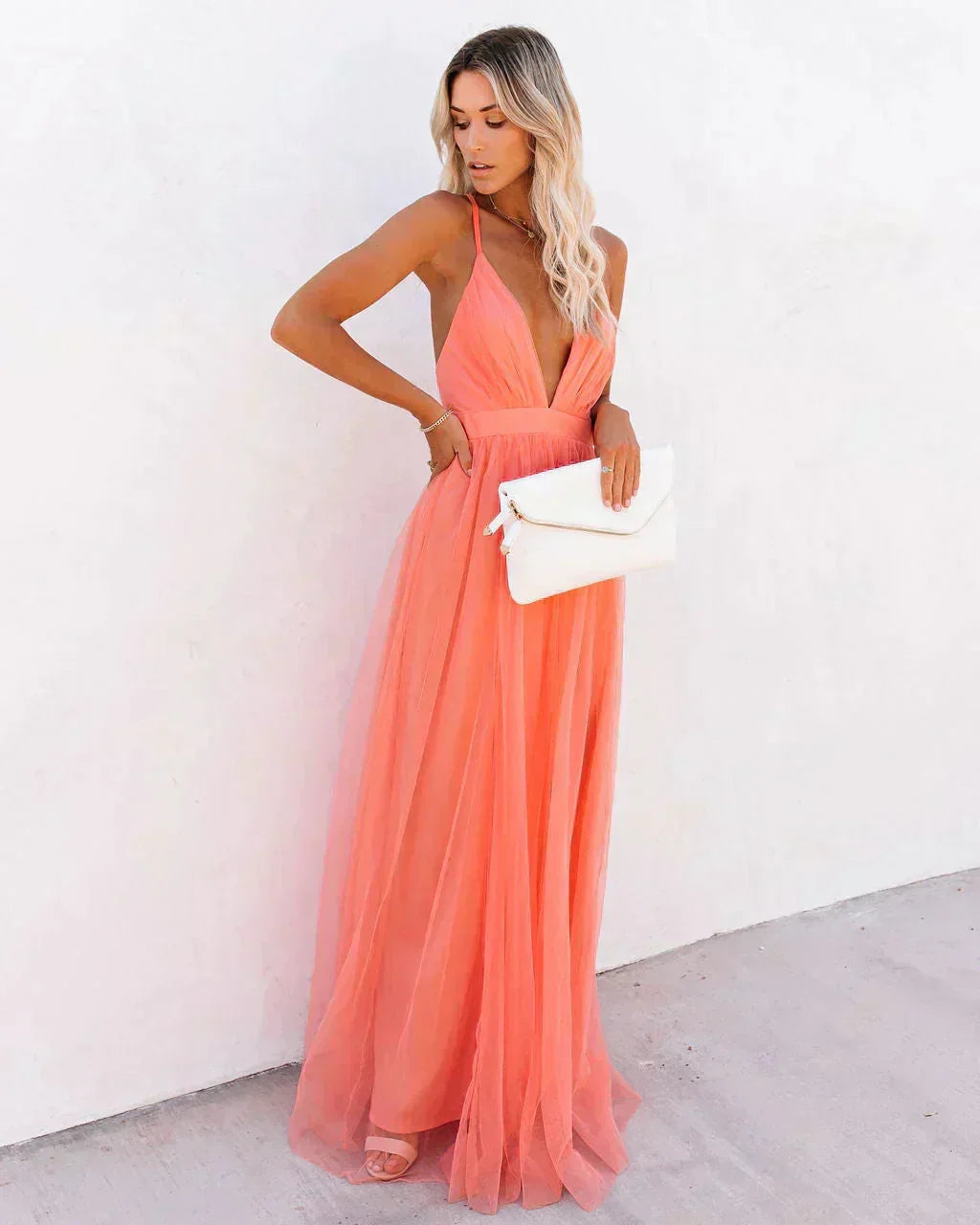 Damiana | Ethereal Tulle V Neck Backless Flowy Evening Maxi Dress