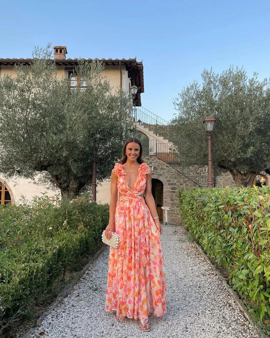 Citania | Floral Sleeveless V Neck Romantic Summer Maxi Dress