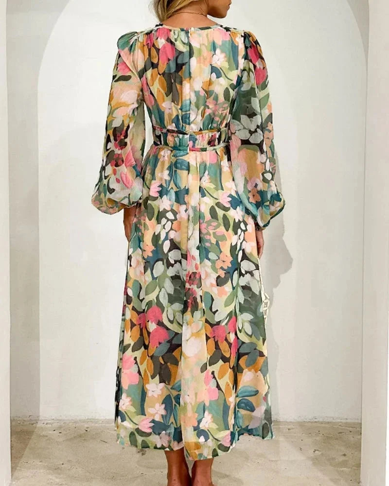 Brenta | Boho Chiffon Floral V Neck Long Sleeve Spring Maxi Dress