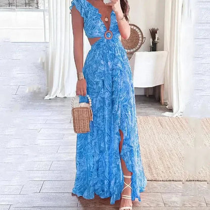 Ginevra | Floral V Neck Cutout Short Sleeve Summer Maxi Dress