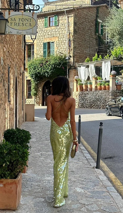 Iolana | Glam Sequined Scoop Neck Strappy Backless Evening Maxi Dress