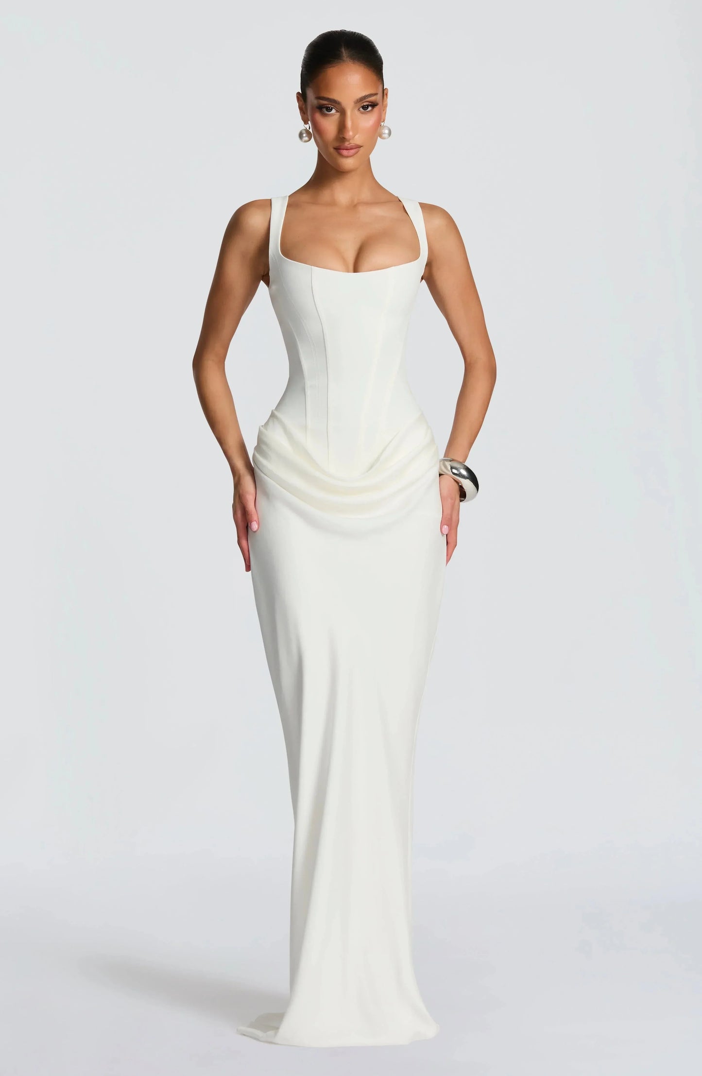 Galatea | Elegant Satin Square Neck Bodycon Backless Maxi Dress