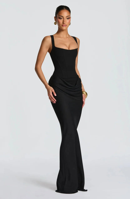 Galatea | Elegant Satin Square Neck Bodycon Backless Maxi Dress