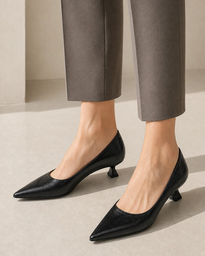Glossy Leather Pointed Toe Kitten Heel Pumps, black hero. — sadie-black-08-variant-hero.webp