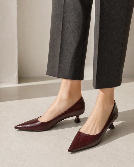 Glossy Leather Pointed Toe Kitten Heel Pumps, brown hero. — sadie-brown-01-hero.webp