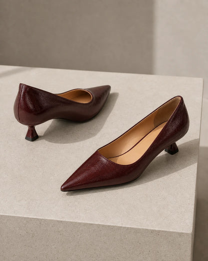 Glossy Leather Pointed Toe Kitten Heel Pumps, brown rear/top. — sadie-brown-04-rear-top.webp