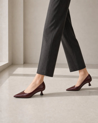 Glossy Leather Pointed Toe Kitten Heel Pumps, brown movement. — sadie-brown-06-movement.webp