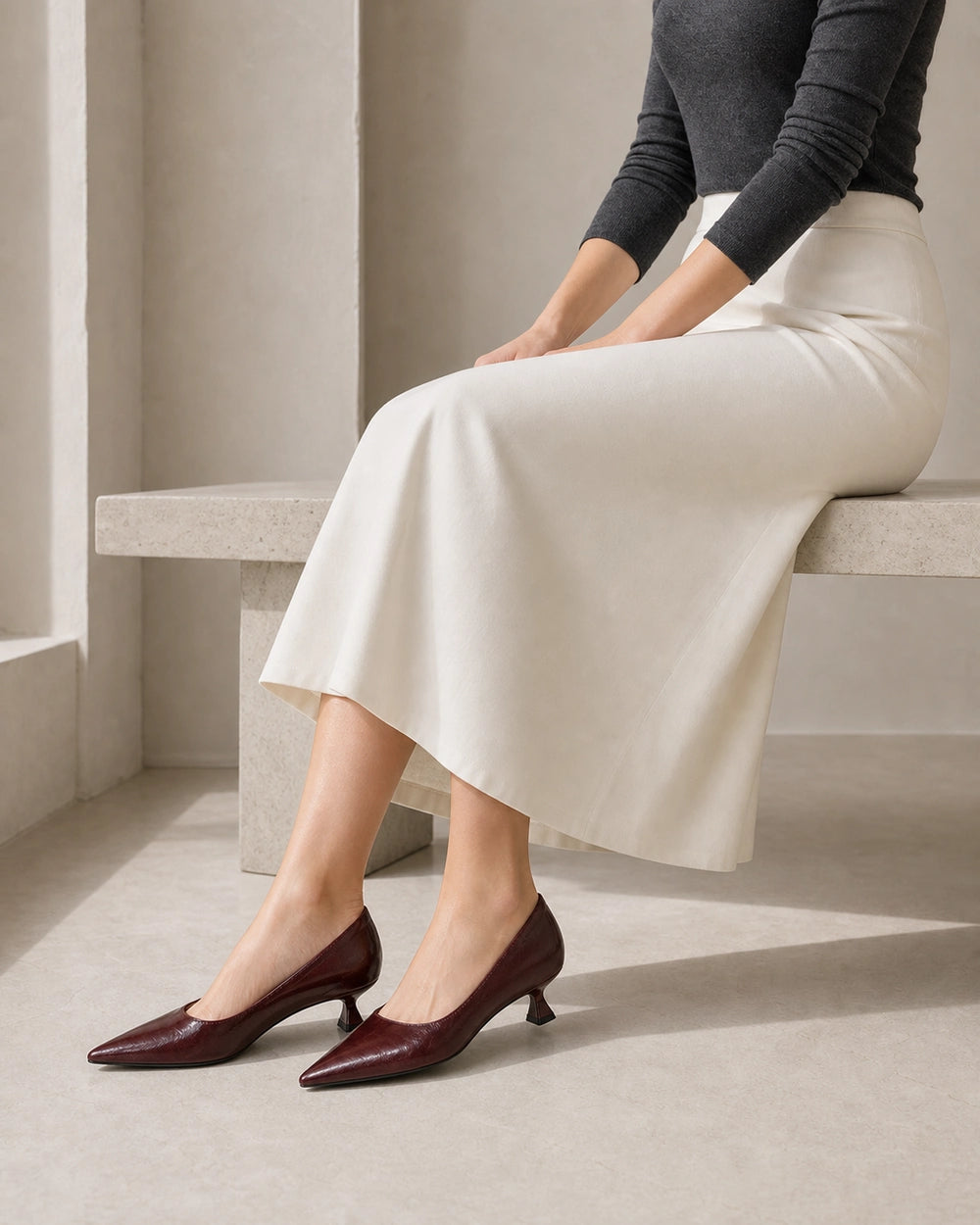 Glossy Leather Pointed Toe Kitten Heel Pumps, brown product view. — sadie-brown-07-second-styling.webp